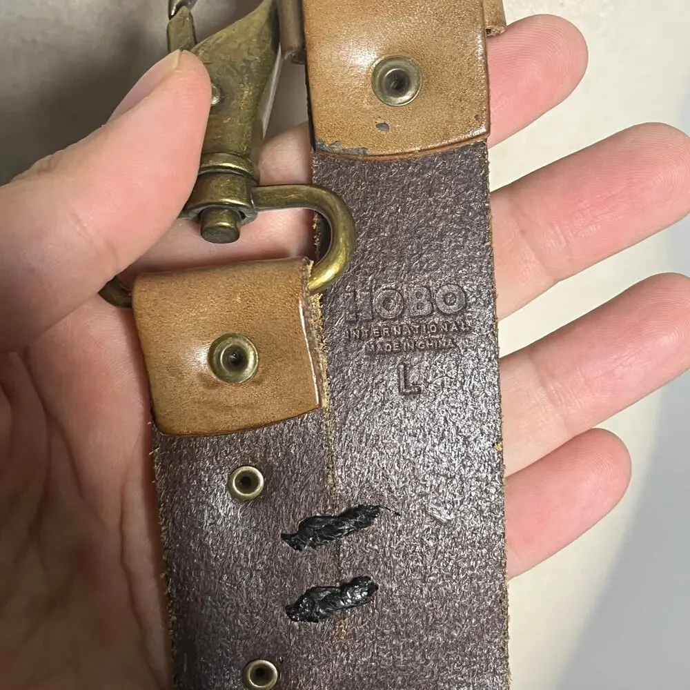 Hobo International Leather Belt Womens L Brown Dual Strap Buckle and Hook Boho